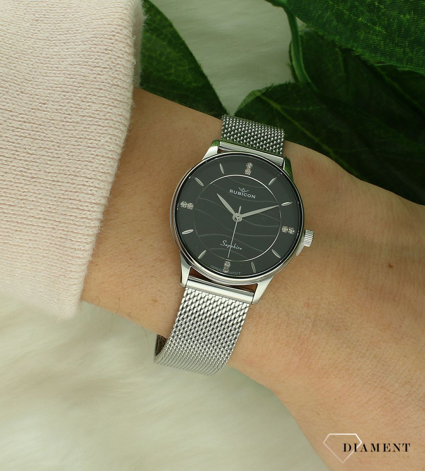 Zegarek damski Rubicon z szafirowym szkłem RNBE35 z falowaną czarną tarczą RNBE35 fala srebrny-czarn.jpg